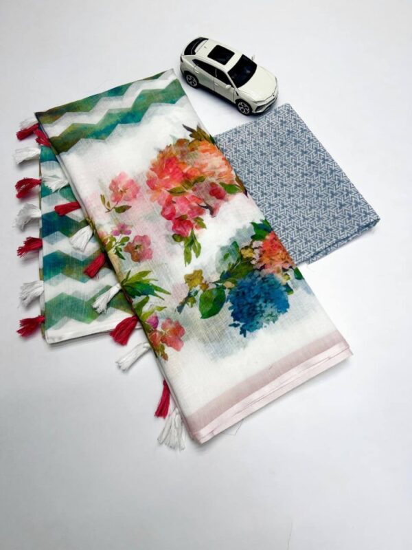 Linen Digital Print Saree with Latkan Detailing & Matching Blou