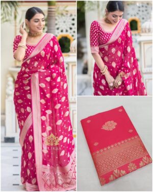 Step into elegance with this Soft Lichi Silk Saree, designed for a bright and traditional look. Featuring a beautiful rich pallu and jacquard work all over the saree, it brings out royal charm while being lightweight and easy to drape. Paired with an exclusive jacquard border blouse, this saree is perfect for weddings, parties, festive occasions, and cultural events. ✨ Product Details: Fabric: Soft Lichi Silk Cloth Design: Rich Pallu with Jacquard Work Blouse: Exclusive Jacquard Border Blouse Price: ₹599/- only ✔️ Bright & Traditional Look ✔️ Lightweight & Comfortable ✔️ Rich Jacquard Work for Premium Feel ✔️ Perfect Festive & Wedding Saree 💃 Style Tip: Pair this saree with traditional kundan jewelry or temple ornaments for a royal festive look.