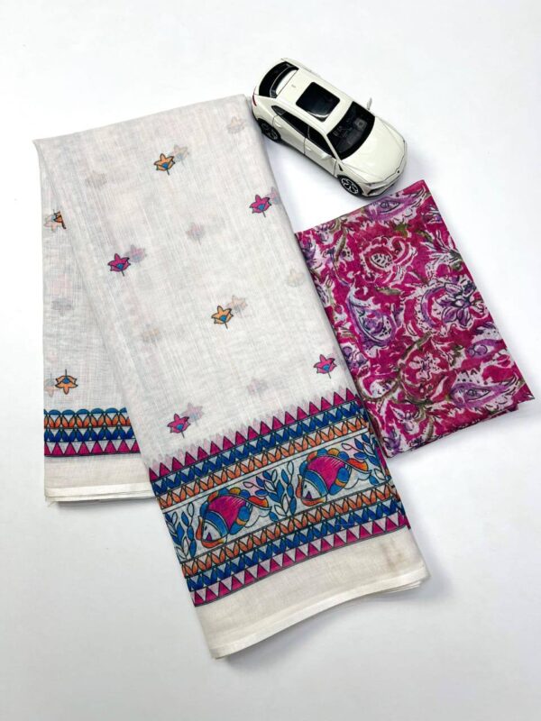 Plain Linen Digital Print Saree with Blouse