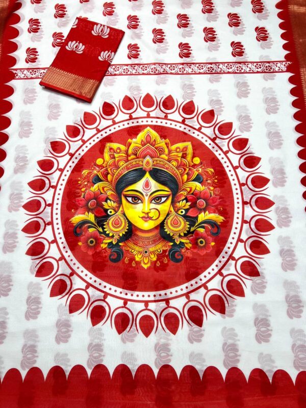 Shine this Navratri in our Red Devi Silk Saree with jacquard border and digital print blouse. Perfect choice for Durga Pooja & festive occasions at just ₹999.