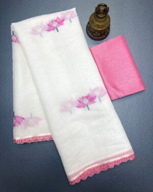 Linen Digital Print Saree with Fancy Lace Border & Satin Blouse