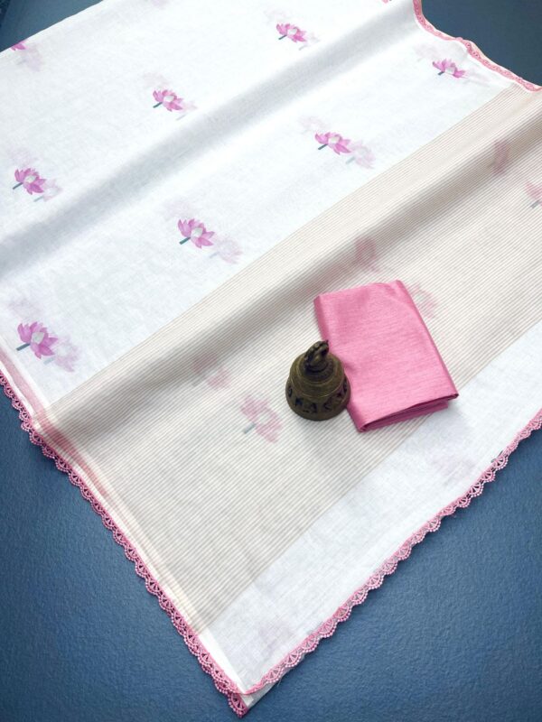 Linen Digital Print Saree with Fancy Lace Border & Satin Blouse