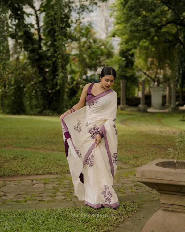 Linen Digital Print Saree with Silver Jari Border & Blouse