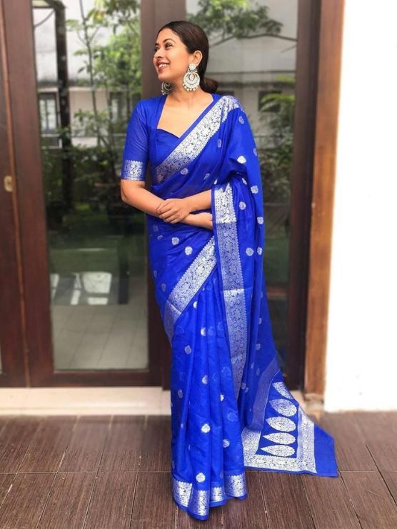 Royal Blue Banarasi Soft Lichi Silk Saree with Rich Weaving Design – The Fabrizo Saree power suit ensemble