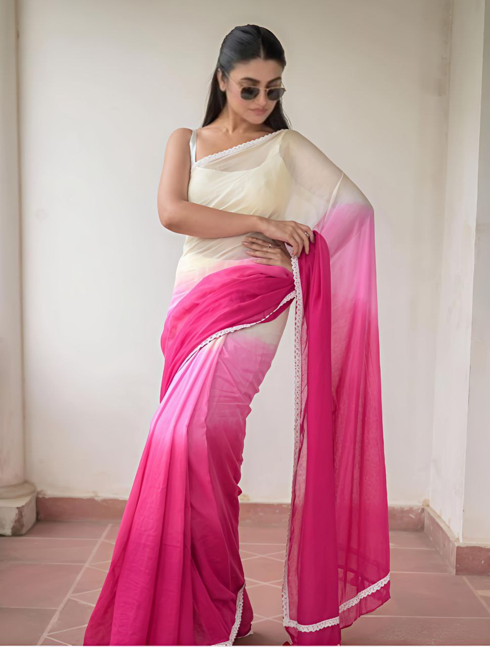 Digital Print Saree with Fancy Lace Border & Bangalori Satin Blouse – The Fabrizo Saree urban chic ensemble