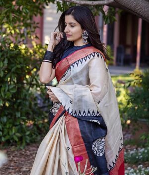linen saree with gold jari border & digital print