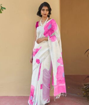 Elegant Plain Linen Digital Printed Saree with Latkan & Satin Blouse