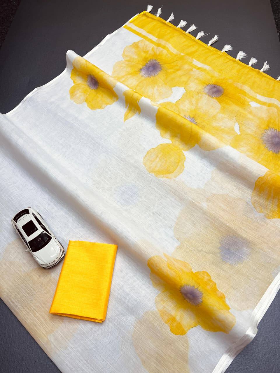 Elegant Plain Linen Digital Printed Saree with Latkan & Satin Blouse – The Fabrizo Saree Elegant Plain Linen Digital Printed Saree with Latkan & Satin Blouse - Image 7