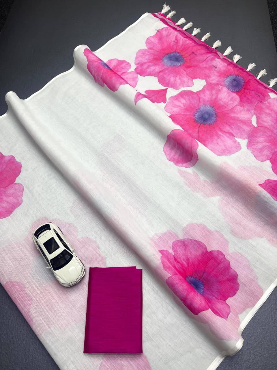 Elegant Plain Linen Digital Printed Saree with Latkan & Satin Blouse – The Fabrizo Saree Elegant Plain Linen Digital Printed Saree with Latkan & Satin Blouse - Image 5