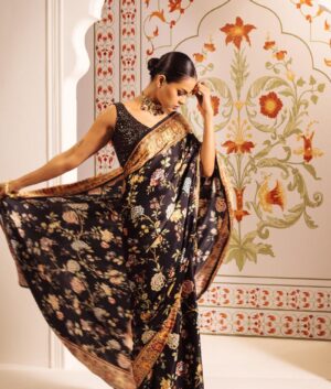 Flower Print Japan Satin Digital Saree with Blouse | Easy COD Order