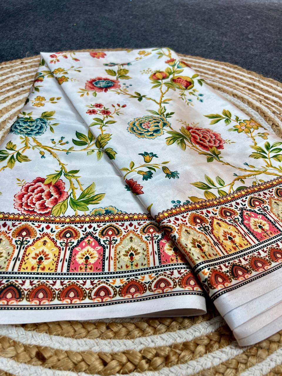 Flower Print Japan Satin Digital Saree with Blouse | Easy COD Order – The Fabrizo Saree Flower Print Japan Satin Digital Saree with Blouse | Easy COD Order - Image 3