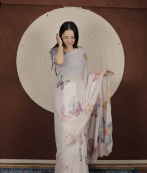 Home – The Fabrizo Saree White Butterfly Printed Saree with Aari Work