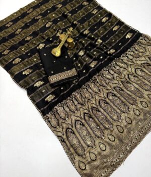 Home – The Fabrizo Saree Black Dolla Tissue Silk Saree with Fancy Piping Border