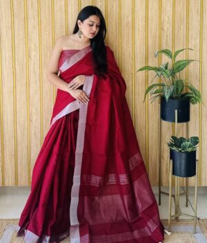 Home – The Fabrizo Saree Cotton Linen Solid Saree with Zalar Work – Premium Linen Saree with Blouse
