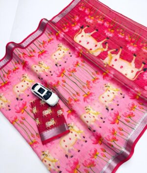 Home – The Fabrizo Saree Soft Linen Digital Printed Saree with Mangalagiri Borde