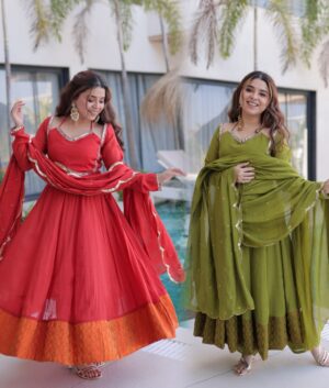 Home – The Fabrizo Saree Mul Chanderi Mirror Work Kurti Pant Dupatta Set – Fancy V Neck