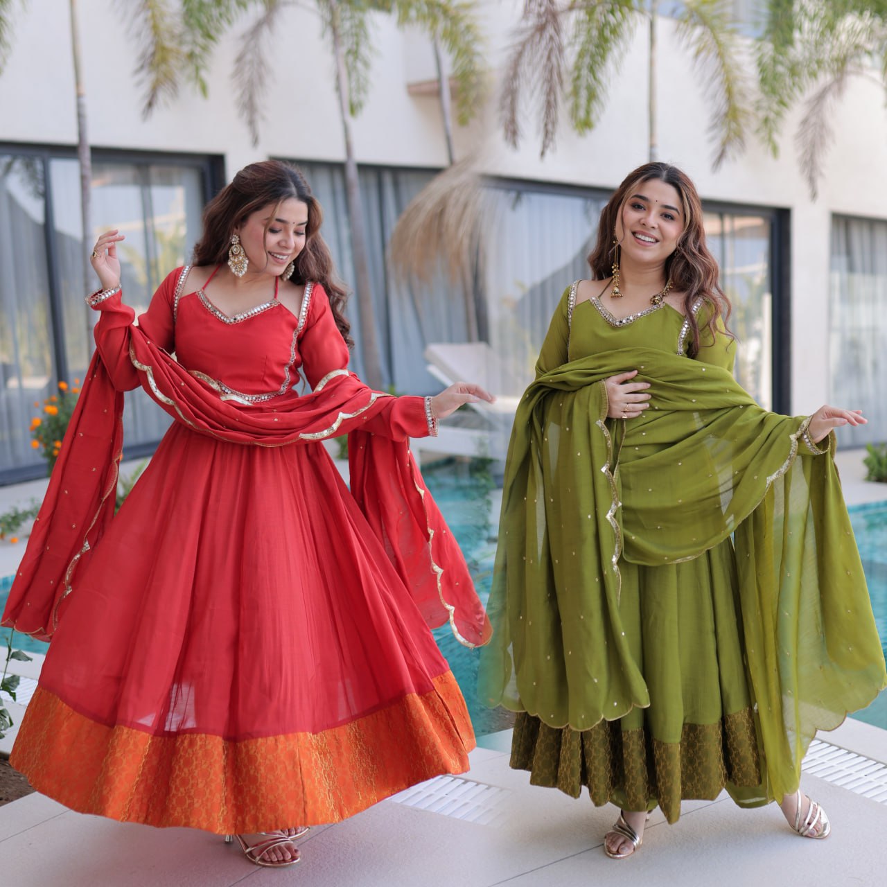 Mul Chanderi Mirror Work Kurti Pant Dupatta Set – Fancy V Neck – The Fabrizo Saree Mul Chanderi Mirror Work Kurti Pant Dupatta Set – Fancy V Neck