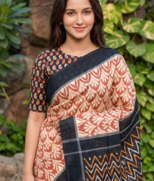 Black Cotton Digital Print Saree with Blouse