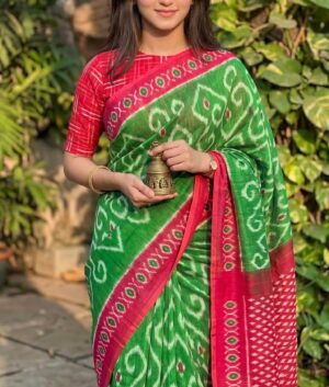 Green & Red Plain Linen Digital Print Saree with Blouse