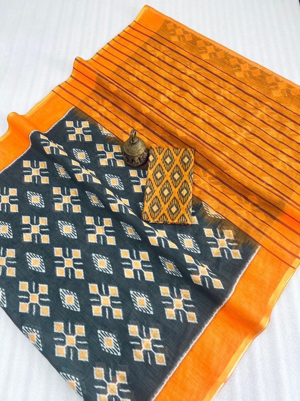 Orange & Black Cotton Digital Print Saree with Blouse – The Fabrizo Saree Orange & Black Cotton Digital Print Saree with Blouse - Image 2