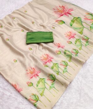 Pink Lotus Floral Linen Tissue Silk Saree