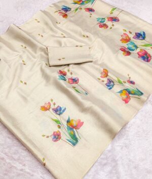 Colorful Floral Linen Tissue Silk Saree with Blouse