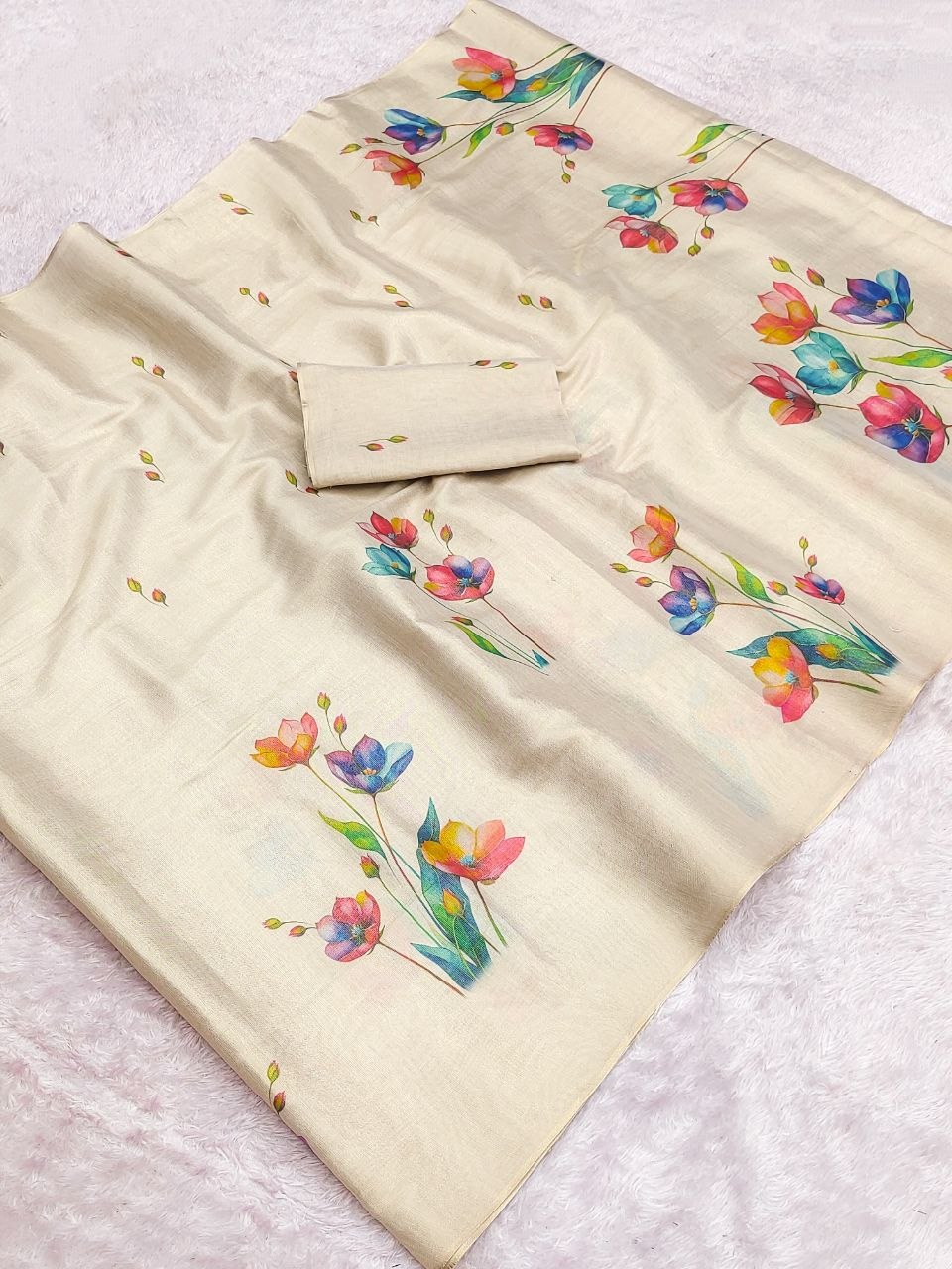 Colorful Floral Linen Tissue Silk Saree with Blouse – The Fabrizo Saree Colorful Floral Linen Tissue Silk Saree with Blouse