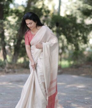 Pure Mysore Silk Soft Linen Saree with Jacquard Weaving