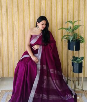 Solid Linen Saree with Blouse & Zalar Work - Wine