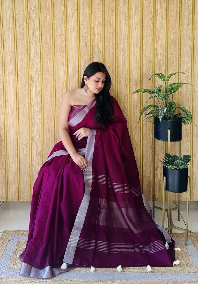 Solid Linen Saree with Blouse & Zalar Work - Wine – The Fabrizo Saree Solid Linen Saree with Blouse & Zalar Work - Wine