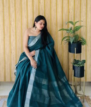 Solid Linen Saree with Blouse & Zalar Work-Green
