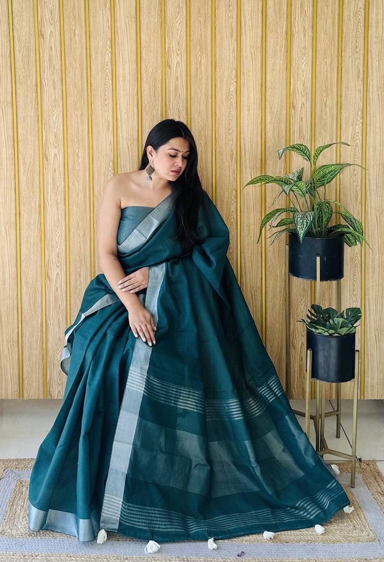 Solid Linen Saree with Blouse & Zalar Work-Green – The Fabrizo Saree Solid Linen Saree with Blouse & Zalar Work-Green