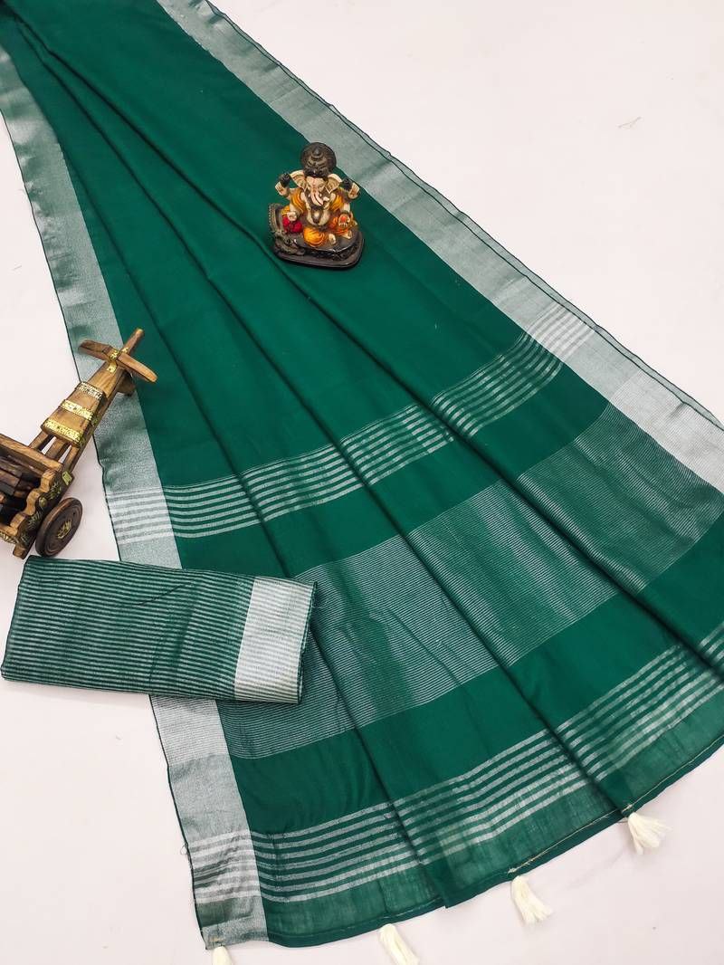 Solid Linen Saree with Blouse & Zalar Work-Green – The Fabrizo Saree Solid Linen Saree with Blouse & Zalar Work-Green - Image 2