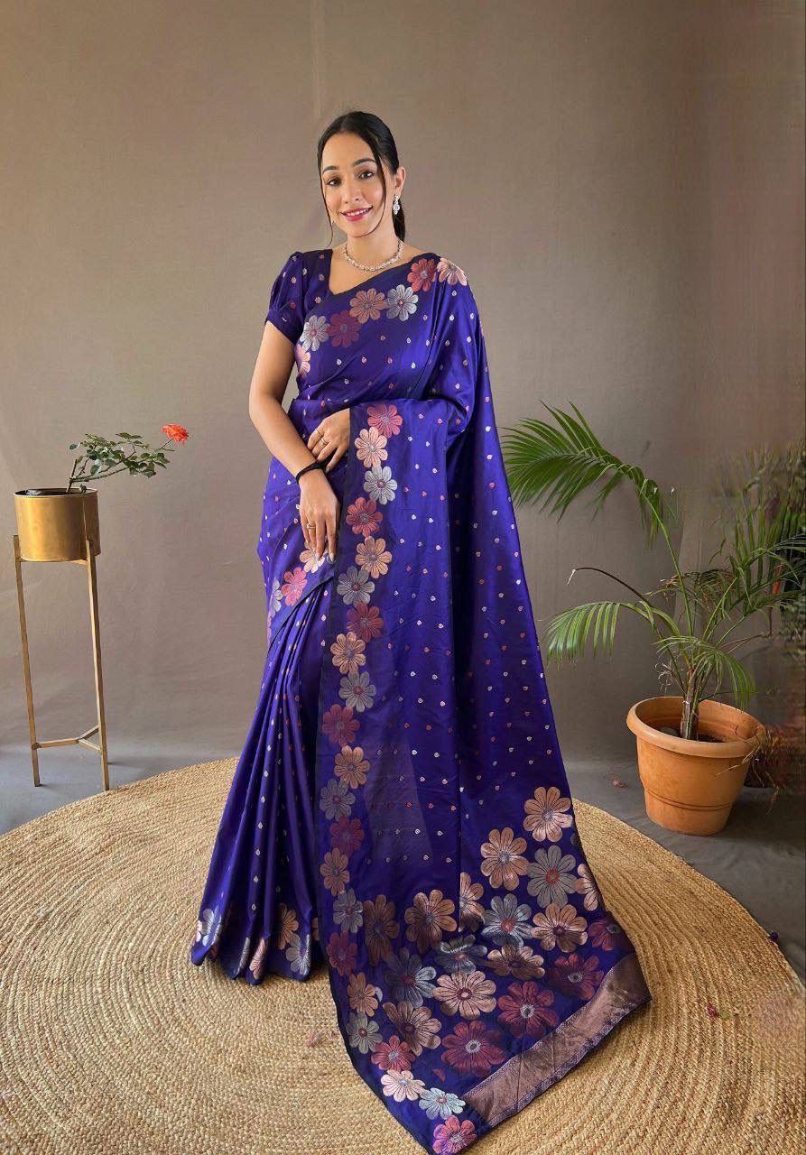 Banarasi Soft Lichi Silk Saree with Rich Pallu & Jacquard Work-Blue – The Fabrizo Saree Banarasi Soft Lichi Silk Saree with Rich Pallu & Jacquard Work-Blue