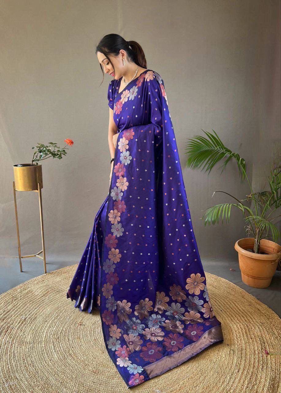 Banarasi Soft Lichi Silk Saree with Rich Pallu & Jacquard Work-Blue – The Fabrizo Saree Banarasi Soft Lichi Silk Saree with Rich Pallu & Jacquard Work-Blue - Image 2