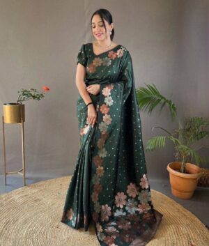 Green Banarasi Soft Lichi Silk Saree with Rich Pallu & Jacquard Work