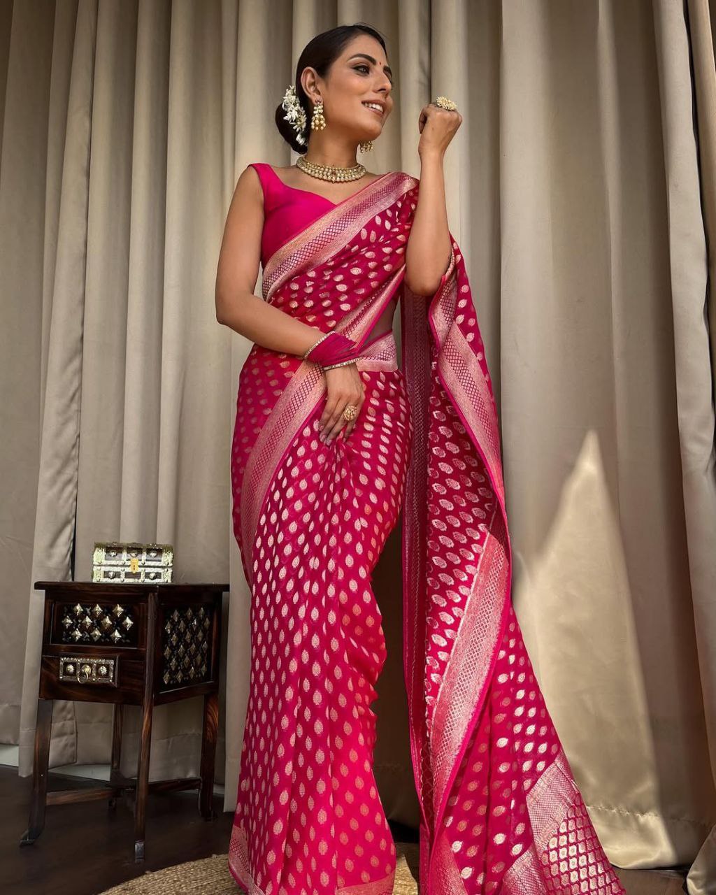 Banarasi Soft Lichi Silk Saree with Rich Pallu & Jacquard Work – The Fabrizo Saree Banarasi Soft Lichi Silk Saree with Rich Pallu & Jacquard Work