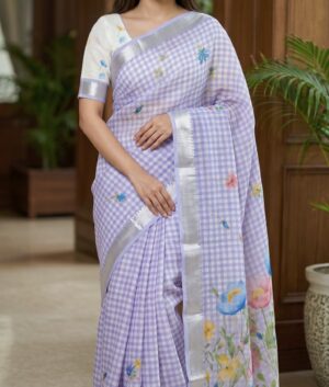 Soft Linen Digital Print Saree with Mangalagiri Border