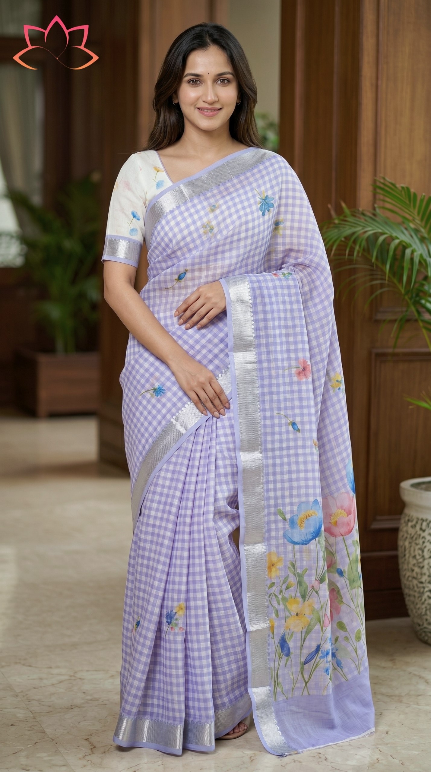 Soft Linen Digital Print Saree with Mangalagiri Border – The Fabrizo Saree Soft Linen Digital Print Saree with Mangalagiri Border