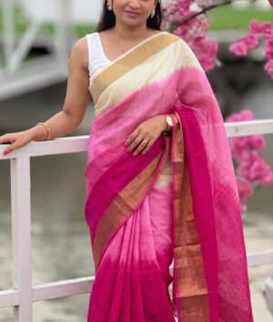 Linen Saree with Gold Jari 5×5 Border & Digital Print