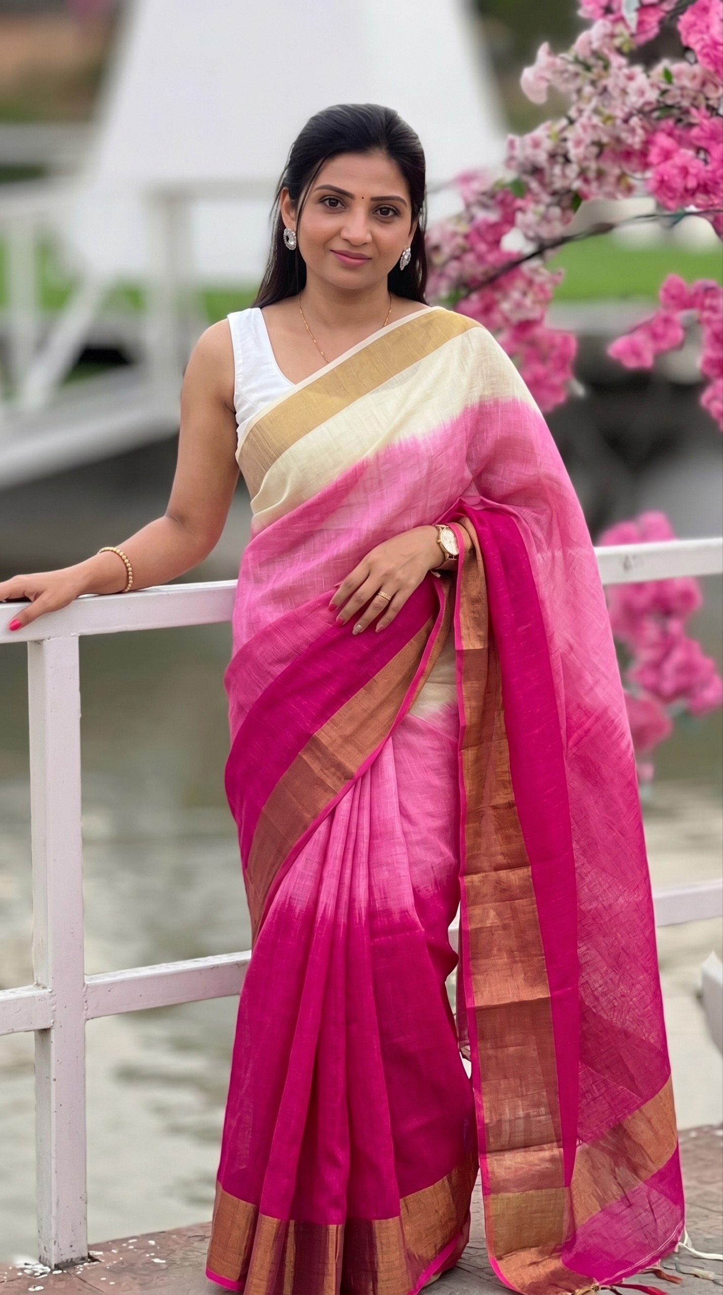 Linen Saree with Gold Jari 5×5 Border & Digital Print – The Fabrizo Saree Linen Saree with Gold Jari 5×5 Border & Digital Print