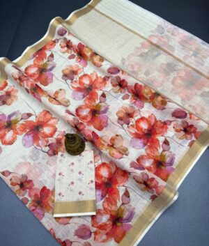 Linen Saree with Gold Jari Border & Digital Print