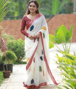 Soft Linen Saree with Silver Jari Border & Digital Print